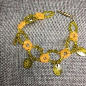 Seed Bead Dangle Bracelet Yellow Green Faceted Flower Retro BoHo Soft Girl Screw